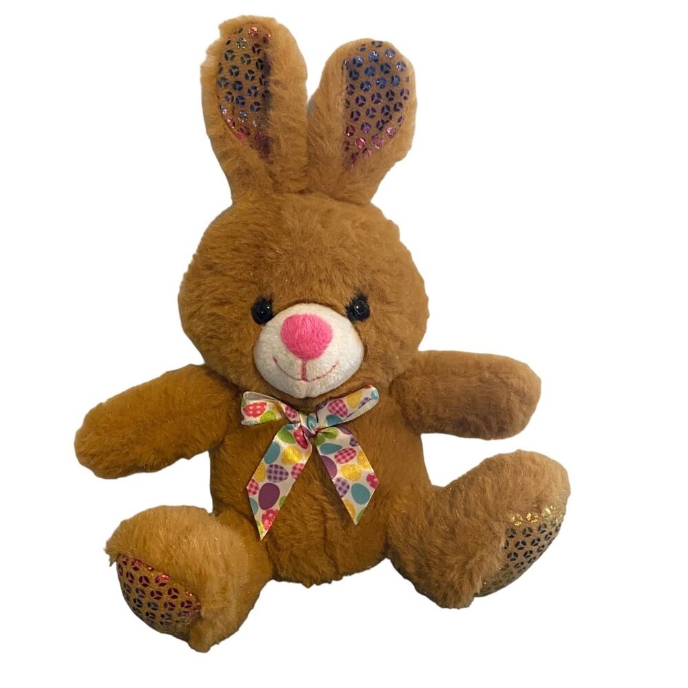 Hug‎ & Luv Easter Bunny Rabbit Plush Stuffed Toy Patterned Bow Sequin Accents 9"
